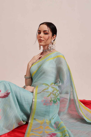 Turquoise Chanderi Abstract Printed Cotton  Saree