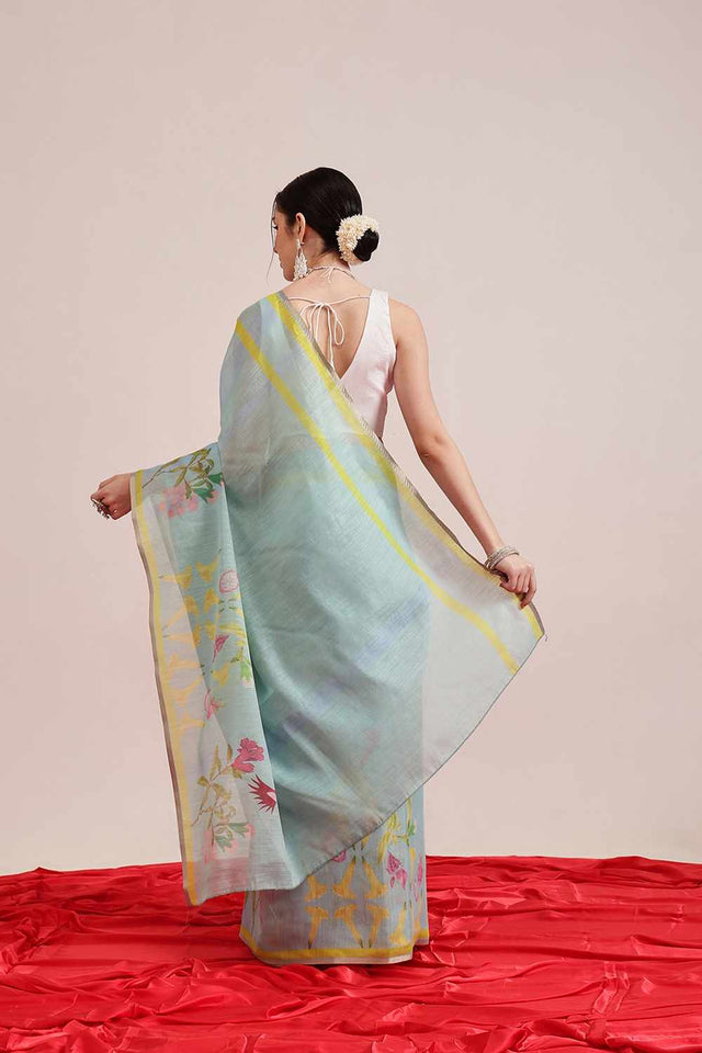Turquoise Chanderi Abstract Printed Cotton  Saree
