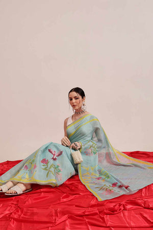 Turquoise Chanderi Abstract Printed Cotton  Saree