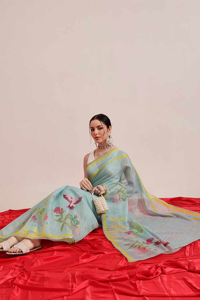 Turquoise Chanderi Abstract Printed Cotton  Saree