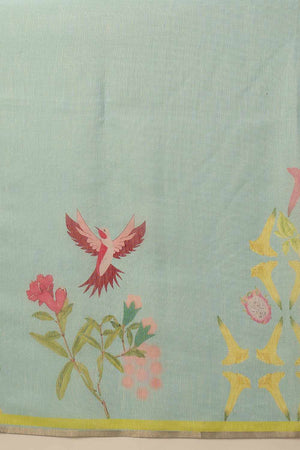 Turquoise Chanderi Abstract Printed Cotton  Saree