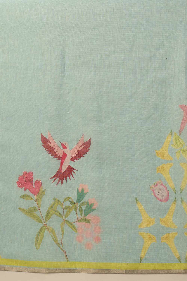 Turquoise Chanderi Abstract Printed Cotton  Saree