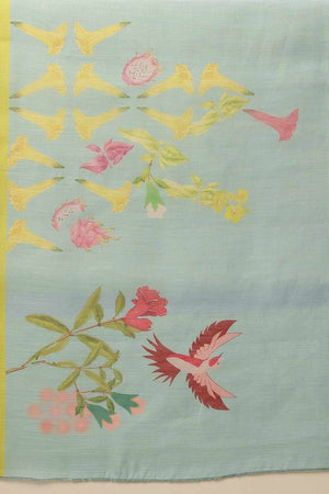 Turquoise Chanderi Abstract Printed Cotton  Saree