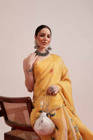Yellow Chanderi Abstract Printed Cotton  Saree