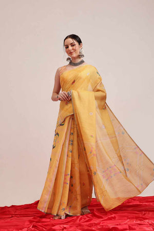 Yellow Chanderi Abstract Printed Cotton  Saree