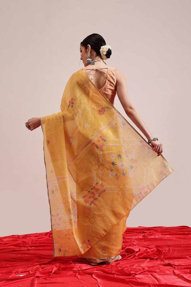 Yellow Chanderi Abstract Printed Cotton  Saree