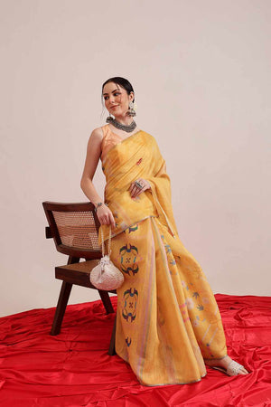 Yellow Chanderi Abstract Printed Cotton  Saree