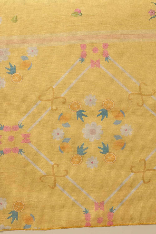Yellow Chanderi Abstract Printed Cotton  Saree
