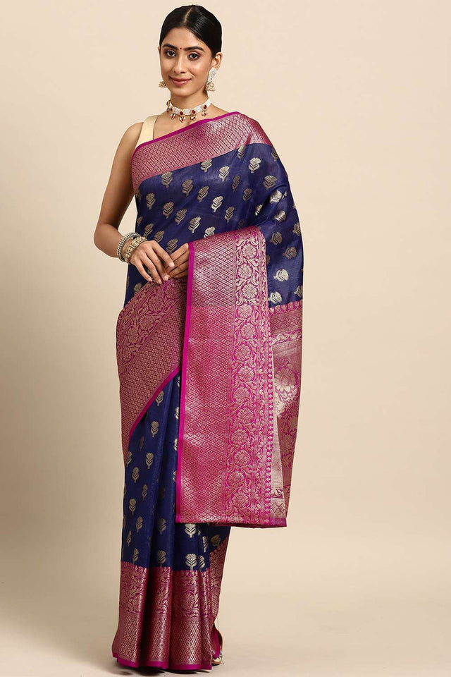 Navy Blue Woven Kanjivaram Silk Saree