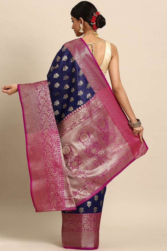 Navy Blue Woven Kanjivaram Silk Saree
