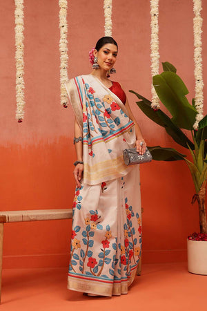 Beige Digital Printed Art Silk Saree