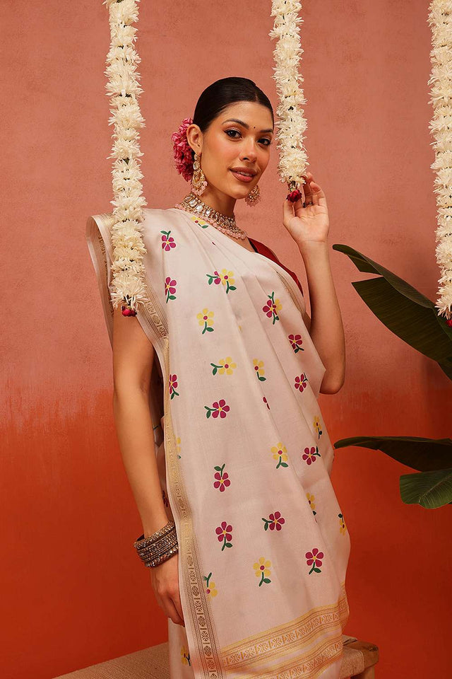 Beige Digital Printed Art Silk Saree