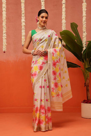 Beige Digital Printed Art Silk Saree