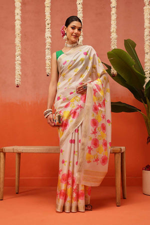 Beige Digital Printed Art Silk Saree