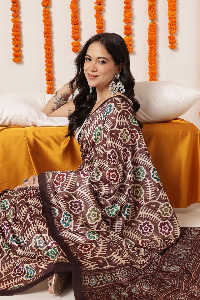Brown Abstract Printed Art Silk Saree (SZ-DGAJRAKH-3286)