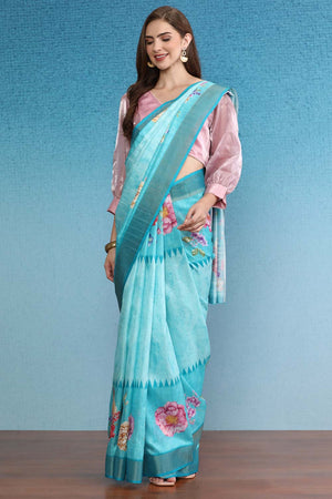 Teal Digital Printed Zari Border Silk Saree