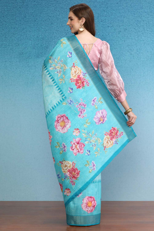 Teal Digital Printed Zari Border Silk Saree