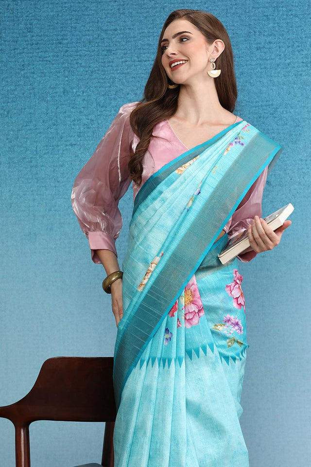 Teal Digital Printed Zari Border Silk Saree