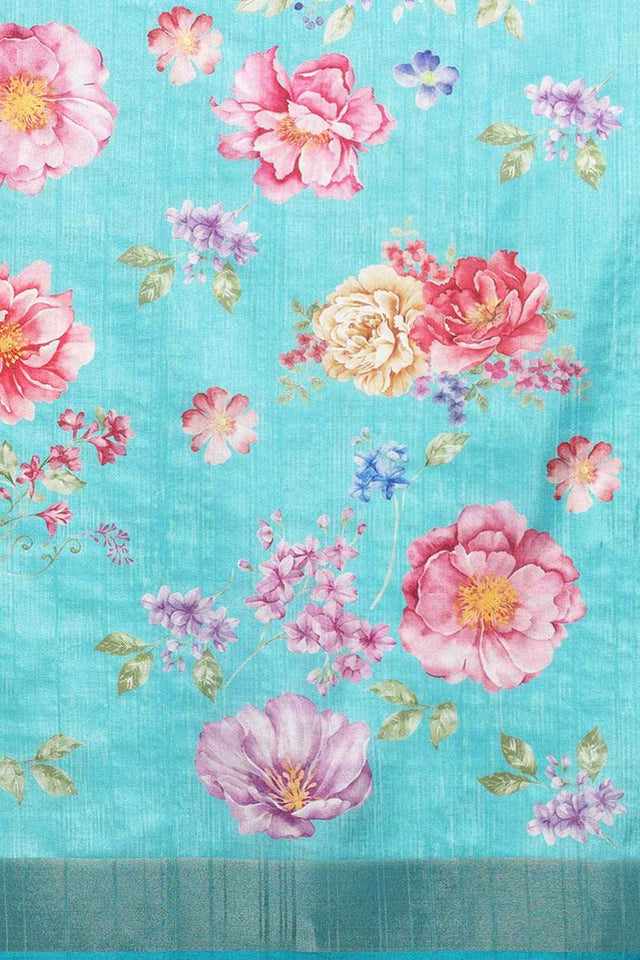 Teal Digital Printed Zari Border Silk Saree