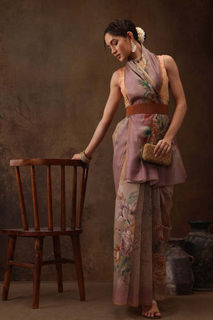 Beige Floral Printed Cotton Blend Saree