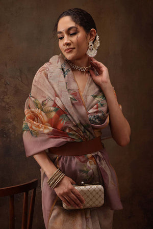 Beige Floral Printed Cotton Blend Saree