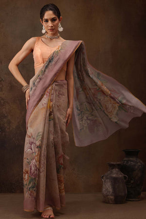 Beige Floral Printed Cotton Blend Saree
