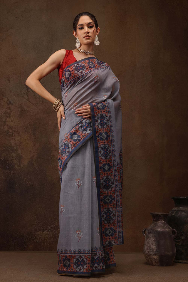 Grey Floral Printed Cotton Blend Saree