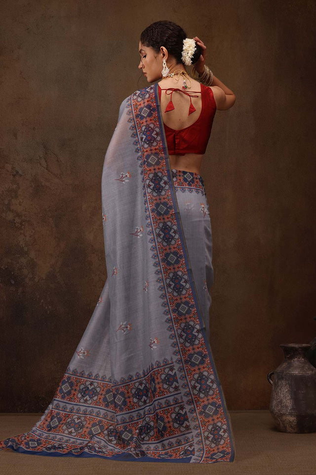 Grey Floral Printed Cotton Blend Saree