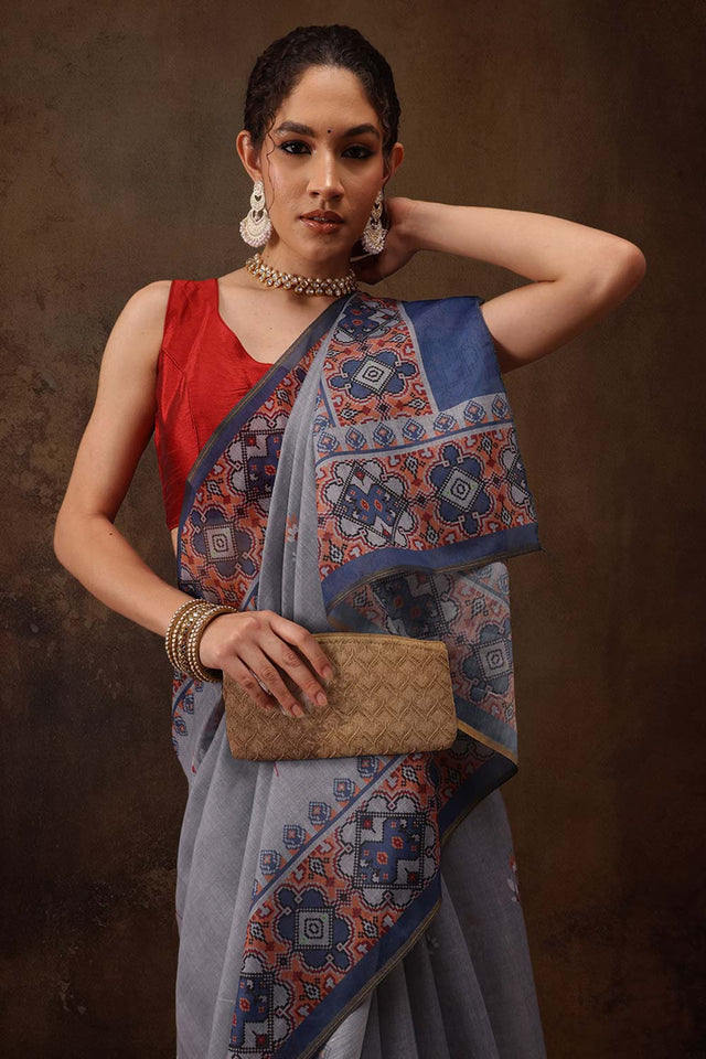 Grey Floral Printed Cotton Blend Saree