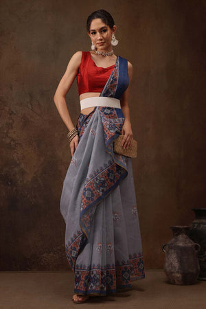 Grey Floral Printed Cotton Blend Saree