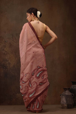 Peach Floral Printed Cotton Blend Saree