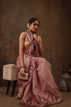 Peach Floral Printed Cotton Blend Saree