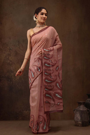 Peach Floral Printed Cotton Blend Saree
