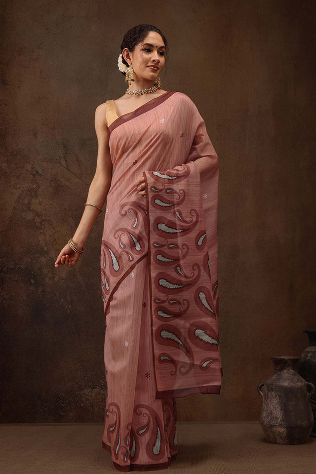 Peach Floral Printed Cotton Blend Saree