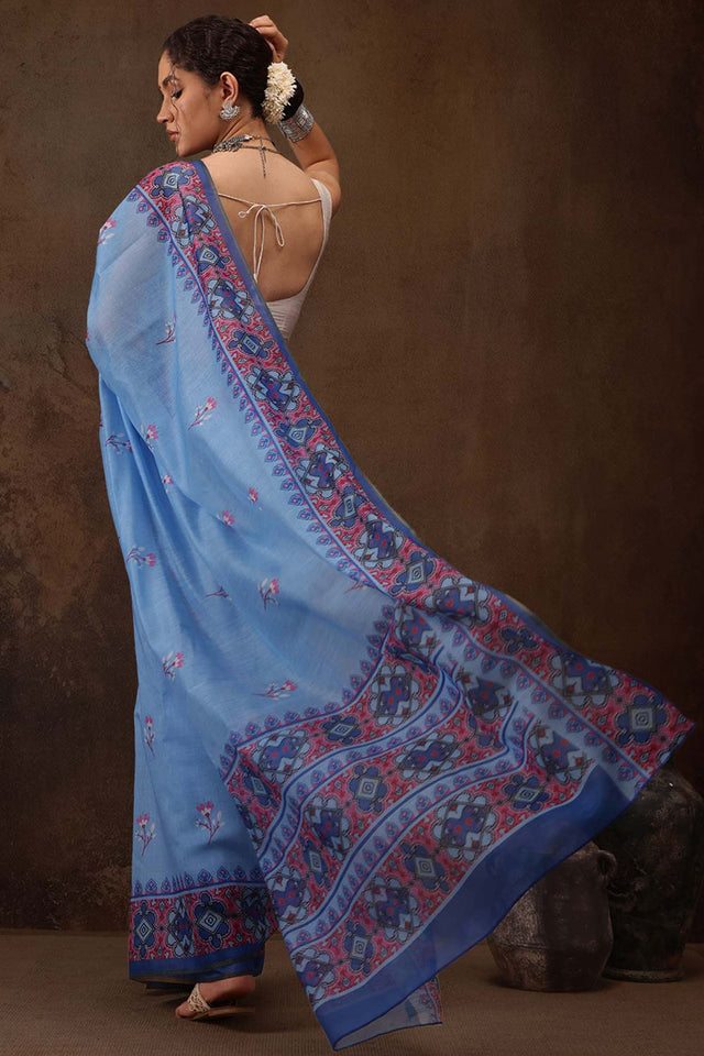 Sky Blue Floral Printed Cotton Blend Saree
