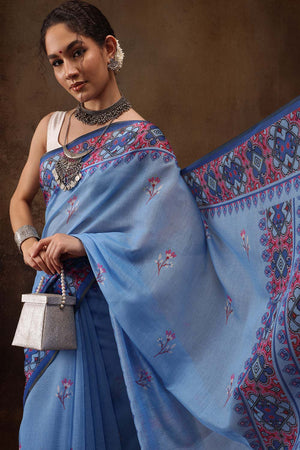 Sky Blue Floral Printed Cotton Blend Saree