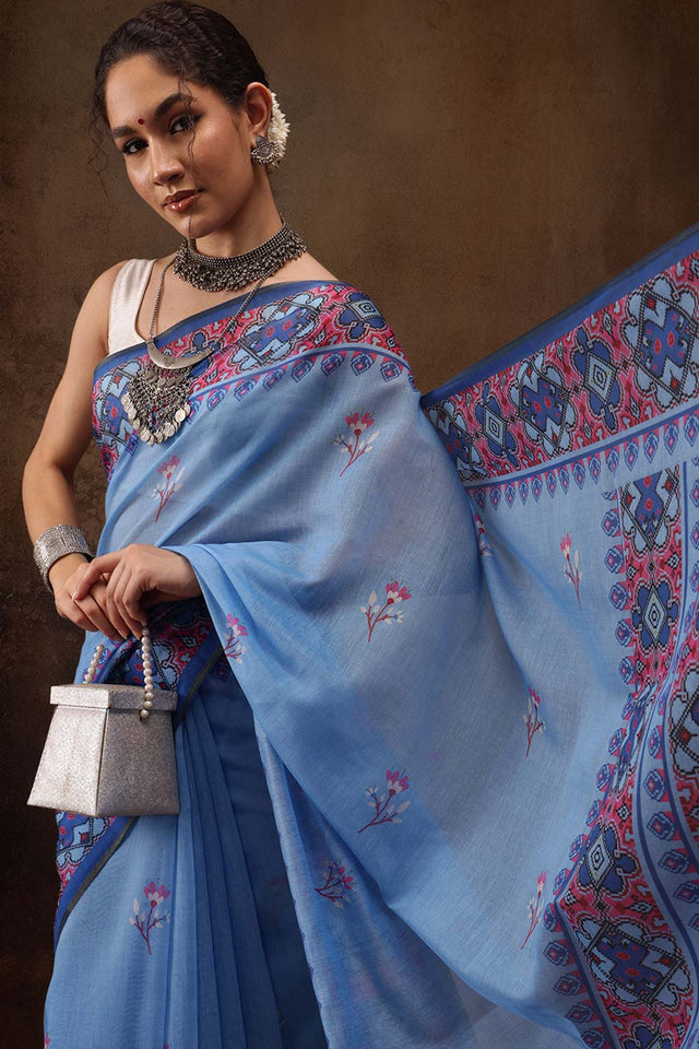 Sky Blue Floral Printed Cotton Blend Saree