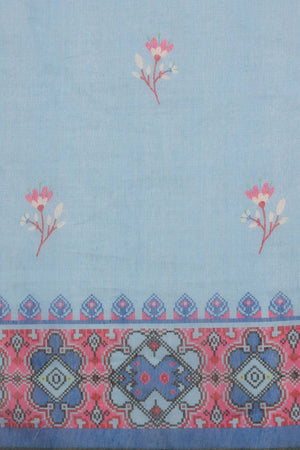 Sky Blue Floral Printed Cotton Blend Saree