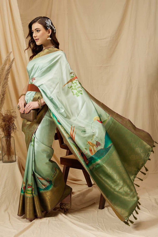 Olive Kanjeevaram Soft Silk Animal Saree
