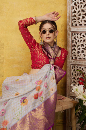 Lavender Muga Silk Floral Saree