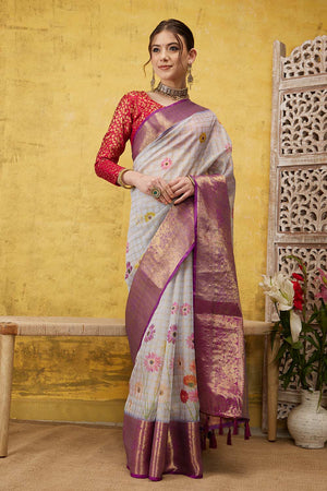 Lavender Muga Silk Floral Saree