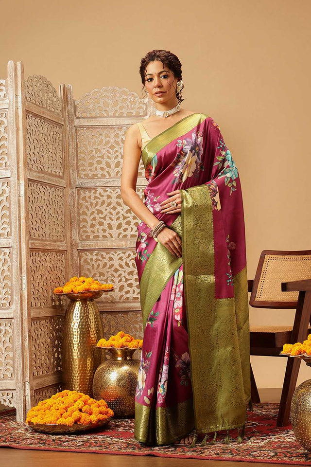 Pink Floral Printed Silk Saree