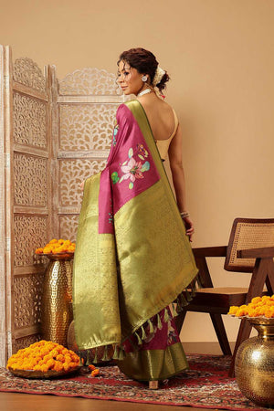 Pink Floral Printed Silk Saree