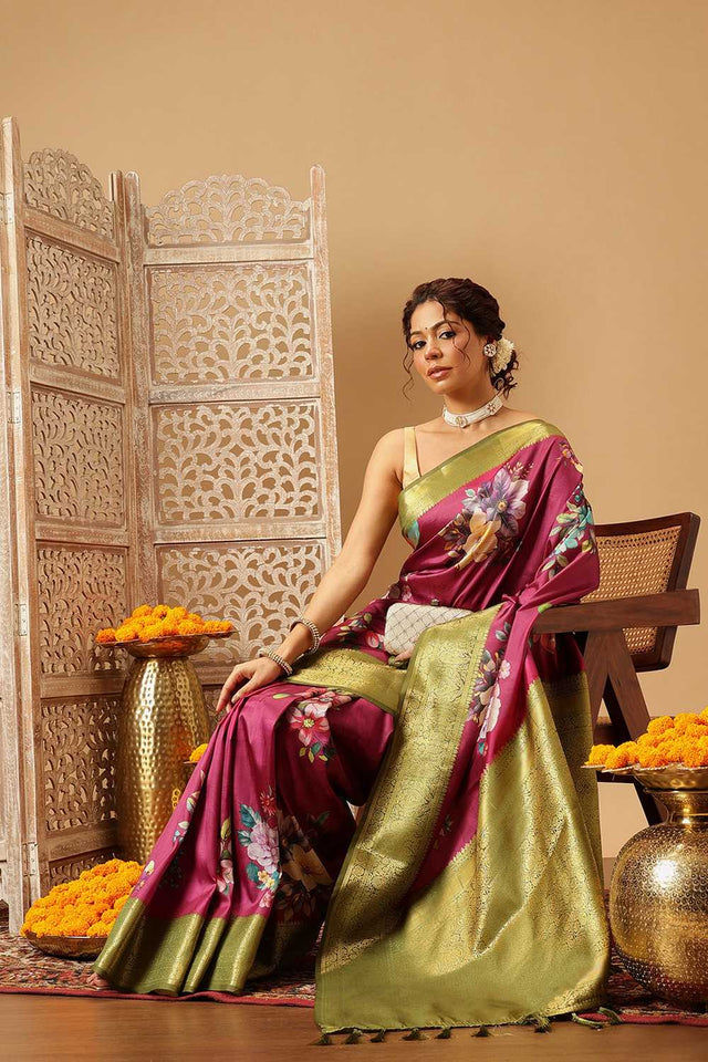 Pink Floral Printed Silk Saree