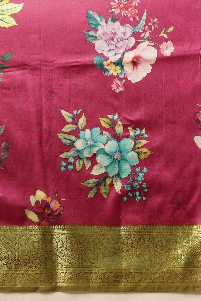 Pink Floral Printed Silk Saree