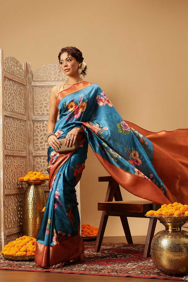 Turquoise Floral Printed Silk Saree