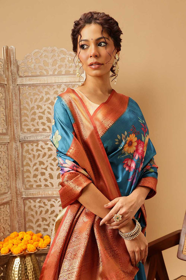 Turquoise Floral Printed Silk Saree