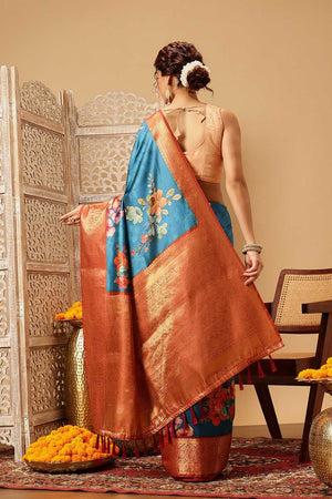 Turquoise Floral Printed Silk Saree