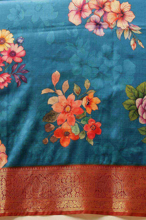 Turquoise Floral Printed Silk Saree