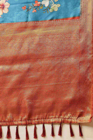 Turquoise Floral Printed Silk Saree